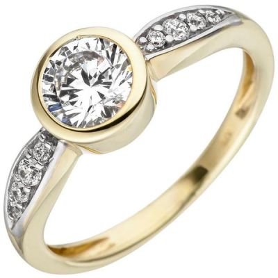50 - Damen Ring 375 Gold Gelbgold bicolor 9 Zirkonia, Goldring | 48692 / EAN:4053258331873