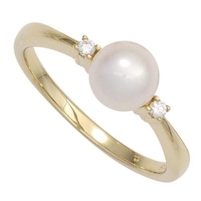 50 - Damen Ring 585 Gelbgold, 1 Perle , 2 Diamanten Brillanten | 42570 / EAN:4053258253762