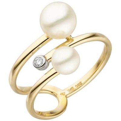 50 - Damen Ring 585 Gelbgold 2 Perlen 1 Diamant Brillant | 52505 / EAN:4053258469163