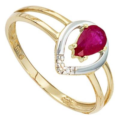 50 - Damen Ring 585 Gelbgold Rubin rot, 3 Diamanten | 37865 / EAN:4053258056882