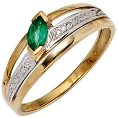 50 - Damen Ring 585 Gelbgold Smaragd grün 2 Diamanten | 39780 / EAN:4053258235522