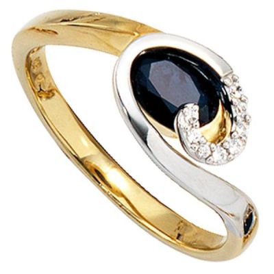 50 - Damen Ring 585 Gelbgold Weißgold 1 Safir blau 8 Diamanten | 37868 / EAN:4053258057049