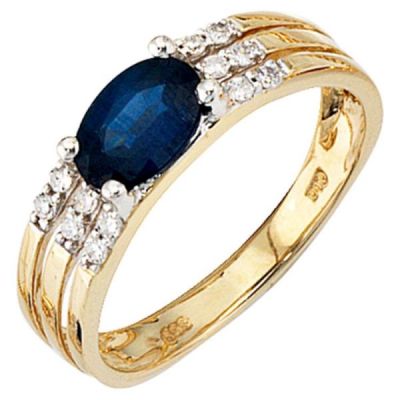 50 - Damen Ring 585 Gold Gelbgold 1 blauer Safir 12 Diamanten Safirring | 49659 / EAN:4053258339626