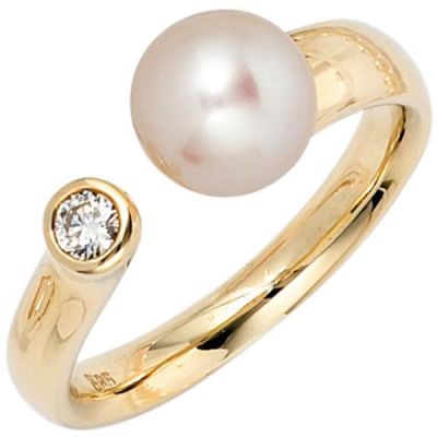 50 - Damen Ring 585 Gold Gelbgold 1 Perle 1 Diamant Brillant | 36154 / EAN:4053258060568