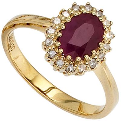 50 - Damen Ring 585 Gold Gelbgold 1 Rubin rot 16 Diamanten 0,16ct. | 39818 / EAN:4053258236000