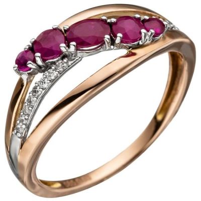 50 - Damen Ring 585 Rotgold 5 Rubine rot 16 Diamanten | 46775 / EAN:4053258318072