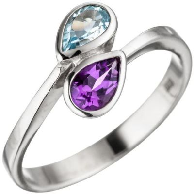 50 - Damen Ring 925 Sterling Silber 1 Amethyst lila violett 1 Blautopas blau | 46906 / EAN:4053258312254