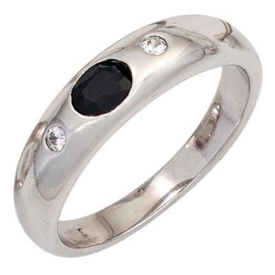 50 - Damen Ring 925 Sterling Silber, rhodiniert 1 Safir blau 2 Zirkonia | 43068 / EAN:4053258259672