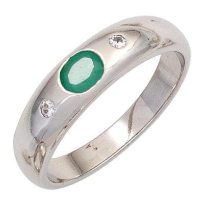 50 - Damen Ring 925 Sterling Silber rhodiniert 1 Smaragd grün 2 Zirkonia | 43069 / EAN:4053258259740