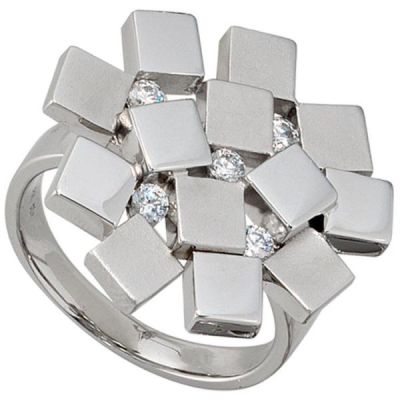 50 - Damen Ring 925 Sterling Silber rhodiniert mattiert 5 Zirkonia 22,9 mm breit | 36484 / EAN:4053258089965