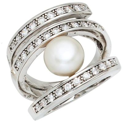 50 - Damen Ring breit 925 Silber rhodiniert mit 1 Perle 31 Zirkonia | 40440 / EAN:4053258238691