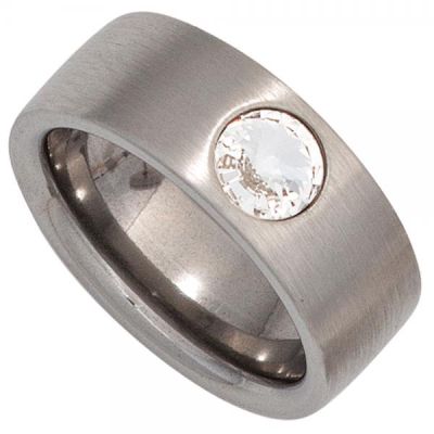 50 - Damen Ring breit Edelstahl matt mit Kristallstein | 43634 / EAN:4053258270004