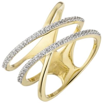 50 - Damen Ring breit mehrreihig 375 Gold Gelbgold 52 Zirkonia Goldring | 50337 / EAN:4053258352359