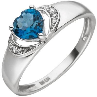 50 - Damen Ring Herz 585 Weißgold 1 Blautopas 8 Diamanten | 53696 / EAN:4053258528181