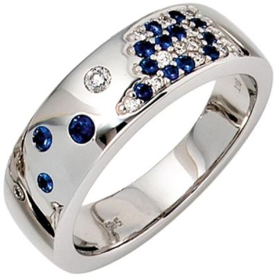 50 - Damen Ring Weißgold Diamanten 0,10ct. 15 Safire blau | 37853 / EAN:4053258055779