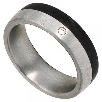 50 - Partner Ring Edelstahl matt mit Carbon 1 Diamant Brillant | 37930 / EAN:4053258087428