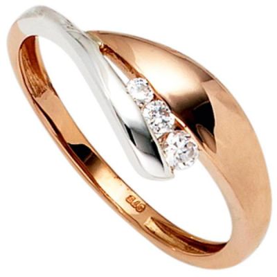 52 - Damen Ring 375 Gold Rotgold Weißgold bicolor 3 Zirkonia Goldring | 39632 / EAN:4053258233900