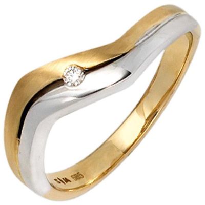 52 - Damen Ring 585 Gelbgold Weißgold bicolor matt 1 Diamant Brillant | 39569 / EAN:4053258233184