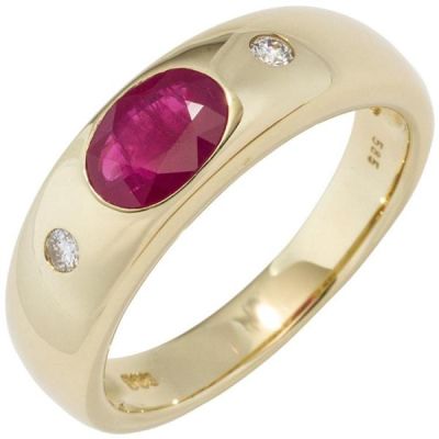 52 - Damen Ring 585 Gold Gelbgold 1 Rubin rot 2 Diamanten Brillanten Goldring | 44889