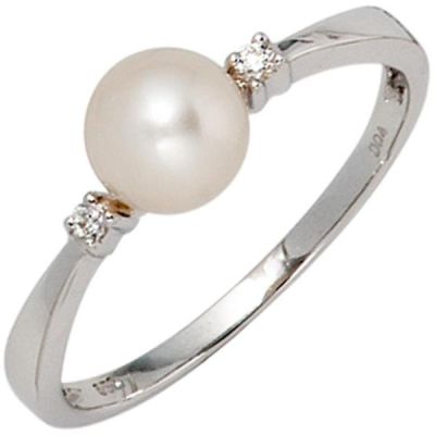 52 - Damen Ring 585 Gold Weißgold 1 Süßwasser Perle 2 Diamanten Brillanten | 37612 / EAN:4053258062104