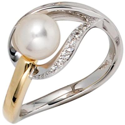 52 - Damen Ring 585 Weißgold Gelbgold bicolor Perle Diamanten | 39888 / EAN:4053258236840