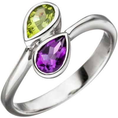 52 - Damen Ring 925 Sterling Silber 1 Amethyst lila violett 1 Peridot grün | 46905 / EAN:4053258324264
