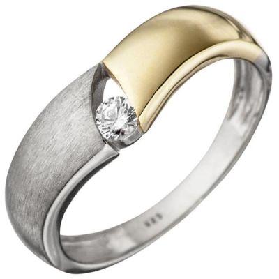 52 - Damen Ring 925 Sterling Silber bicolor matt mit 1 Zirkonia | 46303 / EAN:4053258306123