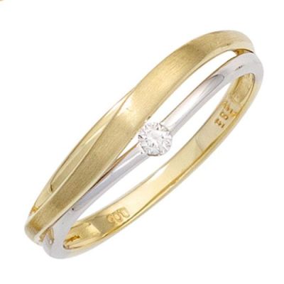 52 - Damen Ring aus 585 Gelbgold Weißgold bicolor matt 1 Diamant Brillant | 42160 / EAN:4053258246061