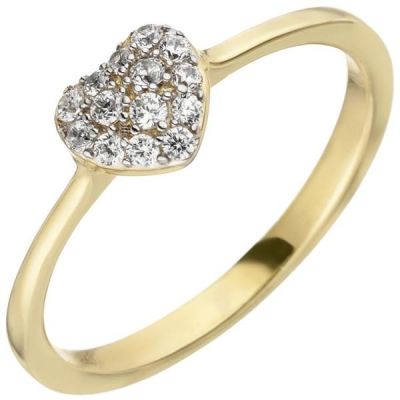 52 - Damen Ring Herz 375 Gold Gelbgold 14 Zirkonia Goldring Herzring | 50328 / EAN:4053258354476