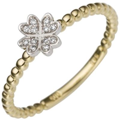 52 - Damen Ring Kleeblatt 585 Gelbgold Weißgold 12 Diamanten | 50427 / EAN:4053258348734