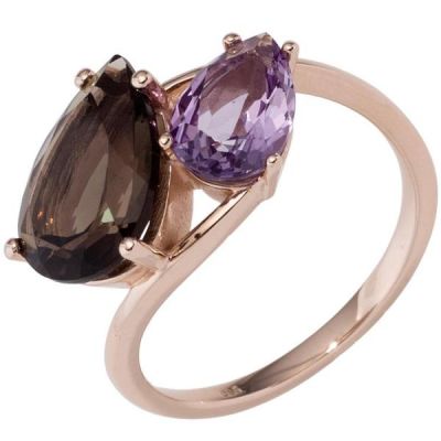 54 - Damen Ring 585 Gold Rotgold 1 Rauchquarz braun 1 Amethyst lila violett | 54 | 44854 / EAN:4053258289747