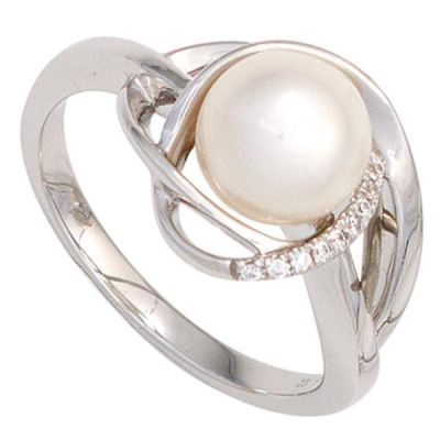 54 - Damen Ring 585 Weißgold, 1 Perle 9 Diamanten | 42583 / EAN:4053258254127