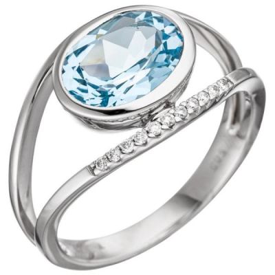 54 - Damen Ring 585 Weißgold 11 Diamanten 1 Blautopas blau | 46605 / EAN:4053258308103