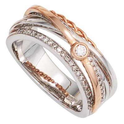 54 - Damen Ring breit 585 Weißgold Rotgold bicolor 48 Diamanten | 42081 / EAN:4053258243893