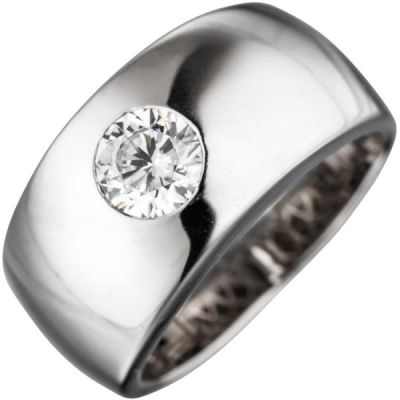 54 - Damen Ring breit 925 Sterling Silber rhodiniert 1 Zirkonia | 44963 / EAN:4053258292754