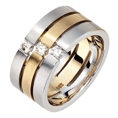 56 - Damen Ring 3-reihig breit 585 Weißgold Gelbgold bicolor matt 3 Diamanten | 34297 / EAN:4053258039090