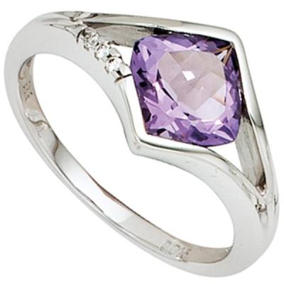 56 - Damen Ring 585 Weißgold 3 Diamanten 1 Amethyst lila violett | 35859 / EAN:4053258054468