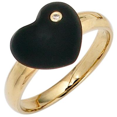 56 - Damen Ring Herz 585 Gold Gelbgold 1 Onyx schwarz 1 Diamant Brillant | 39749 / EAN:4053258235102