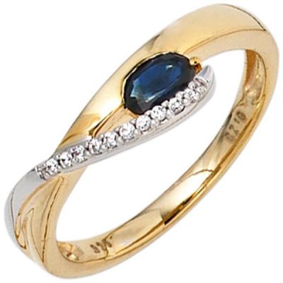 58 - Damen Ring 333 Gelbgold Weißgold 1 Safir blau 10 Zirkonia | 39793 / EAN:4053258235768