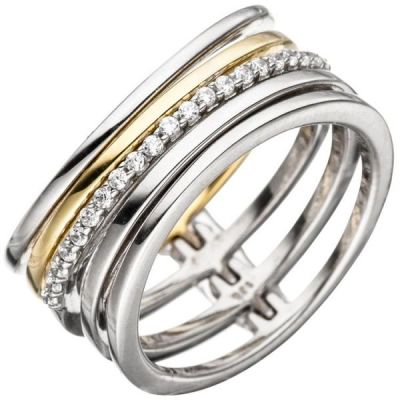 58 - Damen Ring mehrreihig breit 925 Silber bicolor mit Zirkonia | 46298 / EAN:4053258305898