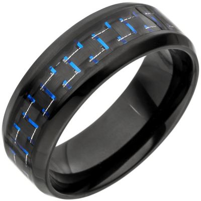 58 - Herren Ring Edelstahl schwarz beschichtet mit Carbon Einlage blau | 50682 / EAN:4053258349755