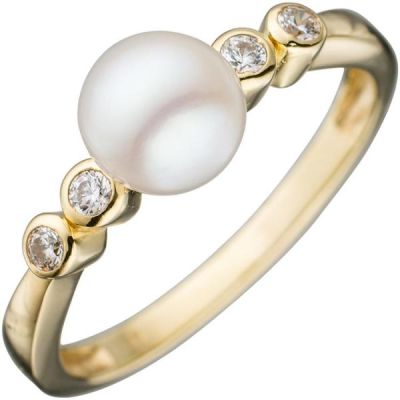 60 - Damen Ring 333 Gelbgold 1 Perle 4 Zirkonia Goldring 50 | 44901 / EAN:4053258291313