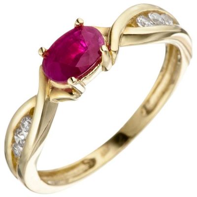 60 - Damen Ring 333 Gelbgold 1 Rubin rot 6 Zirkonia Goldring Rubinring | 46314 / EAN:4053258306413