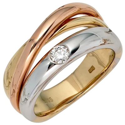 60 - Damen Ring 585 Gold dreifarbig tricolor 1 Diamant Brillant 0,15ct | 34336 / EAN:4053258043011