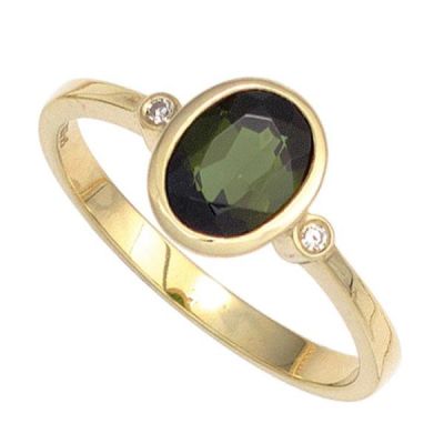 60 - Damen Ring 585 Gold Gelbgold, 1 Turmalin grün 2 Diamanten 0,02ct. | 42419 / EAN:4053258250211