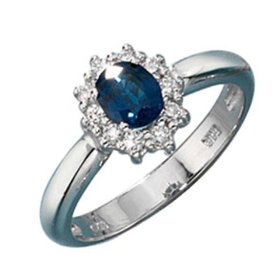 60 - Damen Ring 585 Weißgold 1 Safir blau 10 Diamanten | 30510 / EAN:4053258055694