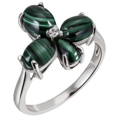 60 - Damen Ring Blume 925 Sterling Silber 4 Malachit-Cabochons grün 1 Zirkonia | 51810 / EAN:4053258454893