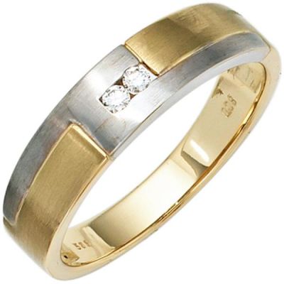 60 - Herren Ring 585 Gold Gelbgold Weißgold mattiert 2 Diamanten Brillanten | 34985 / EAN:4053258085936