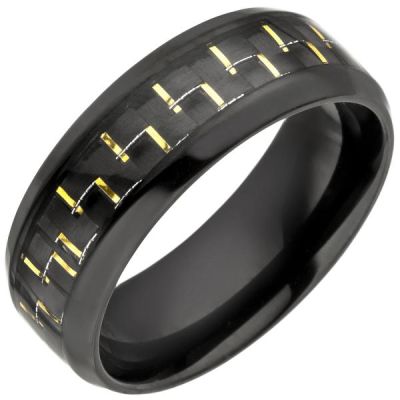 60 - Herren Ring Edelstahl schwarz beschichtet Carbon Einlage goldfarben | 50688 / EAN:4053258349830