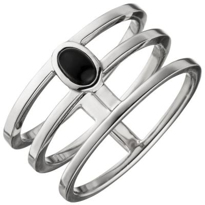 64 - Damen Ring 3-reihig breit 925 Sterling Silber 1 Onyx Onyxring | 51131 / EAN:4053258365045